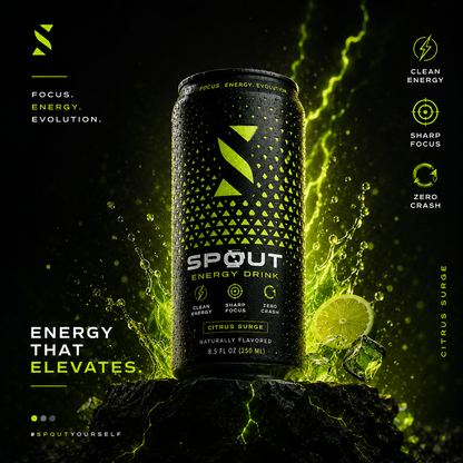 Spout energy drink can with green splashes and text on a dark background
