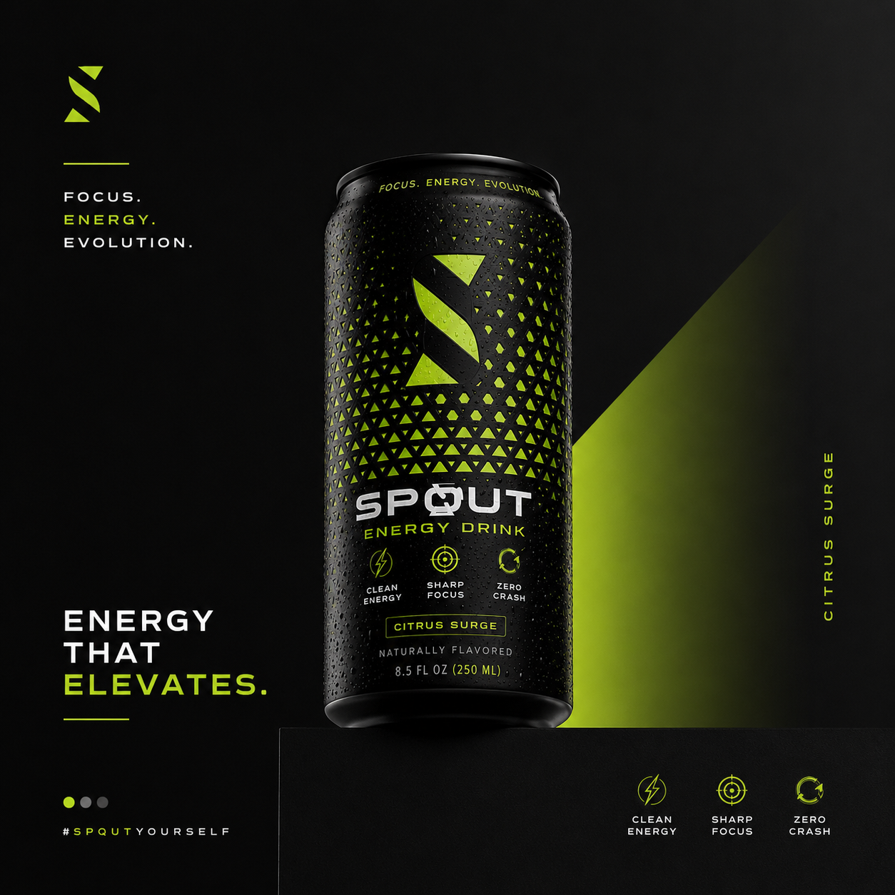 Spout energy drink can with black and green design on a dark background