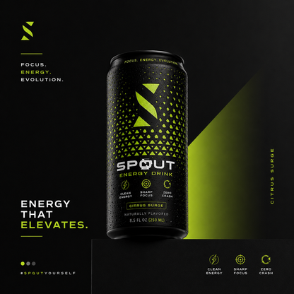Spout energy drink can with black and green design on a dark background
