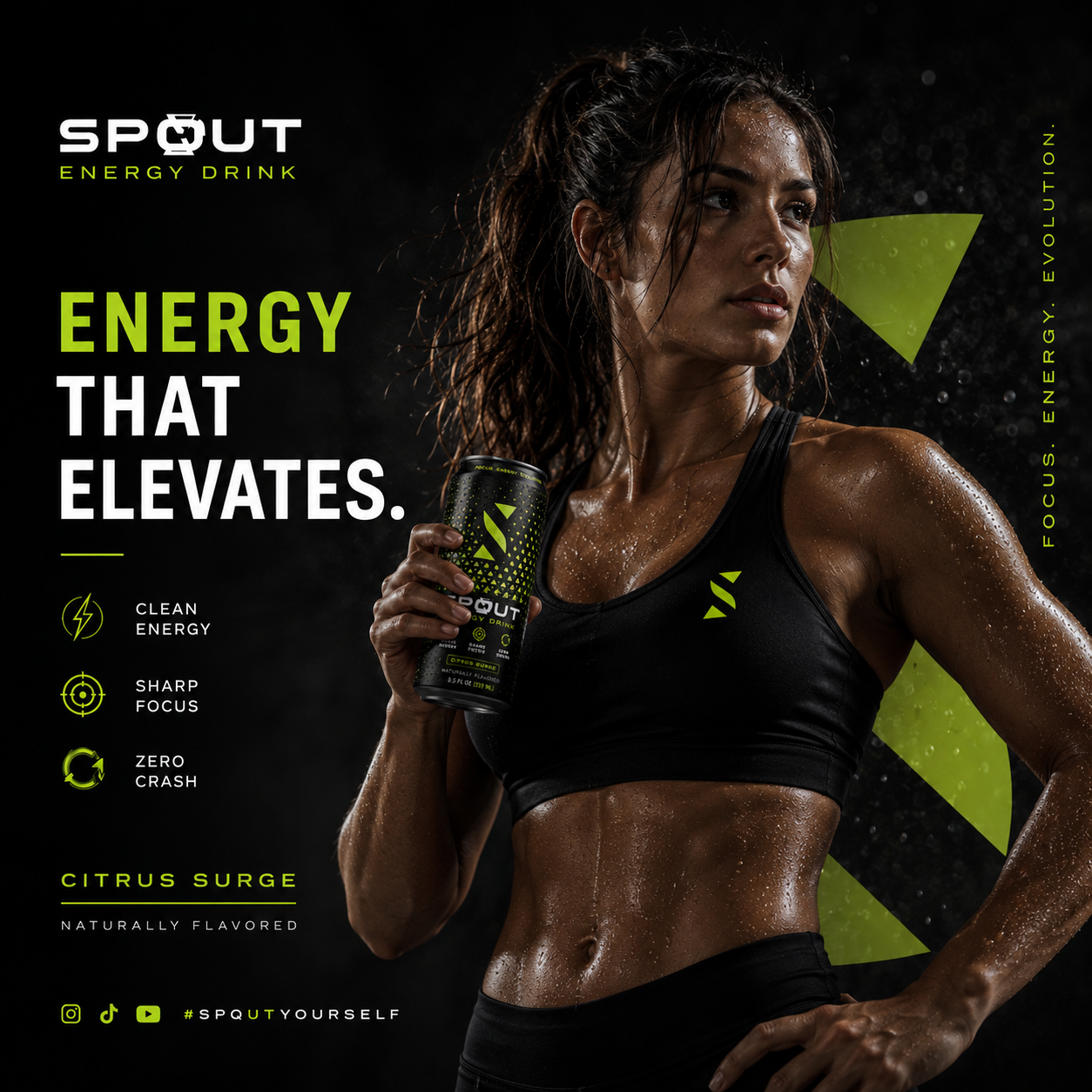 Woman holding a Spout energy drink can with promotional text on a dark background