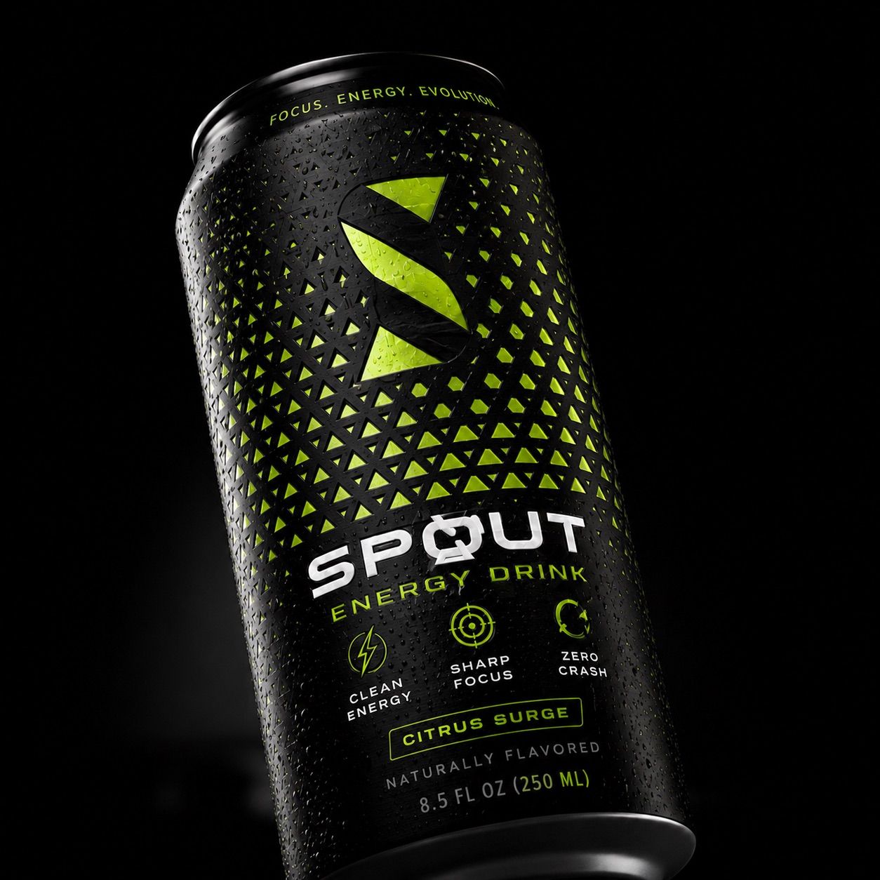 Spout energy drink can with black and green design on a black background