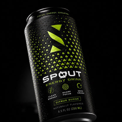 Spout energy drink can with black and green design on a black background