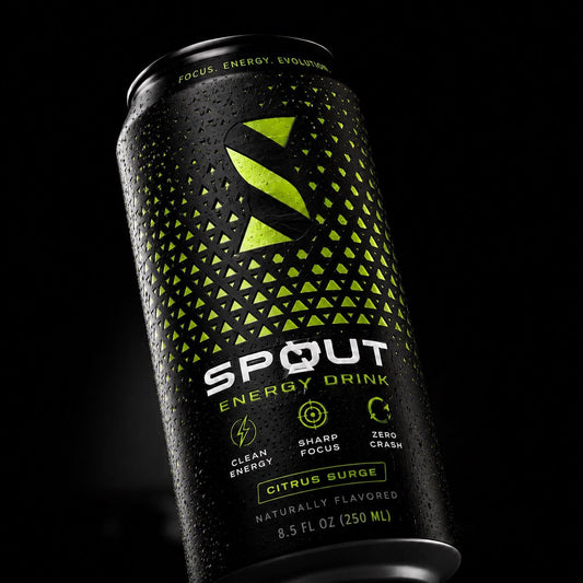 Spout energy drink can with black and green design on a black background