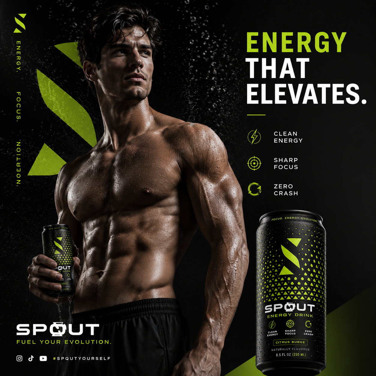 Man holding a Spout energy drink can with promotional text on a dark background