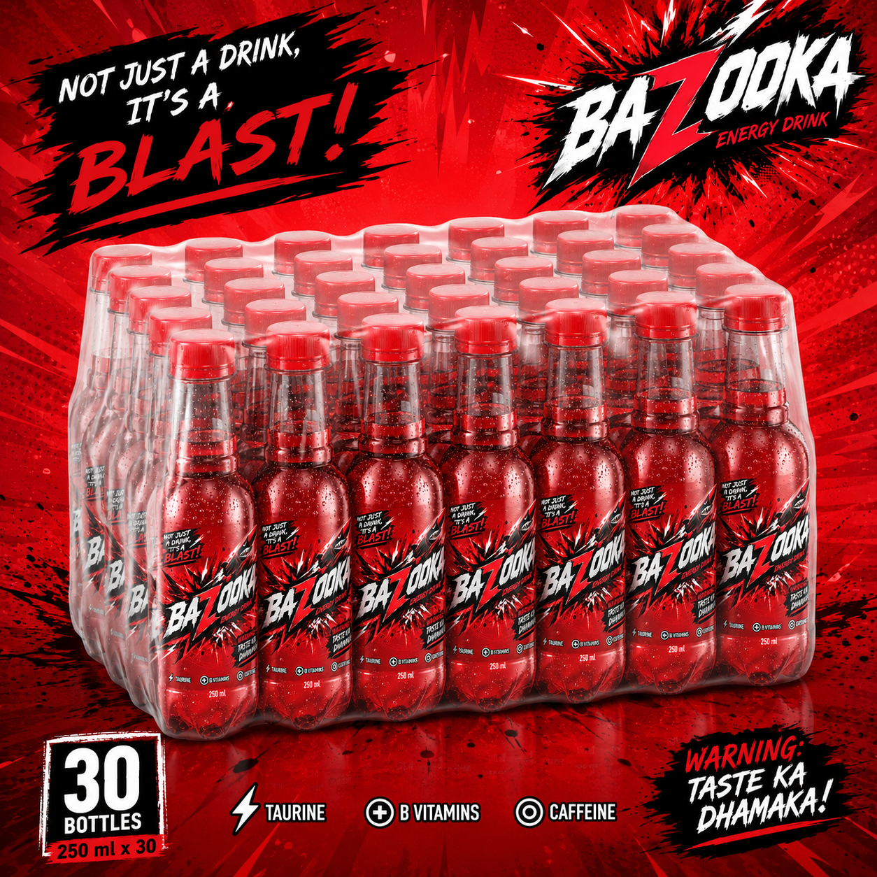 red color energy drink in 250 ml bottle